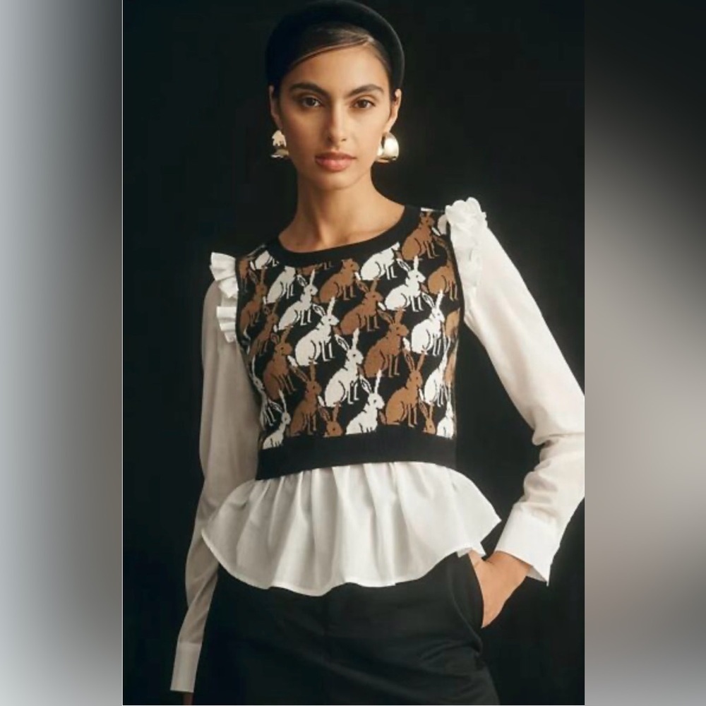 Maeve Ruffled Twofer Rabbit Print Sweater Vest